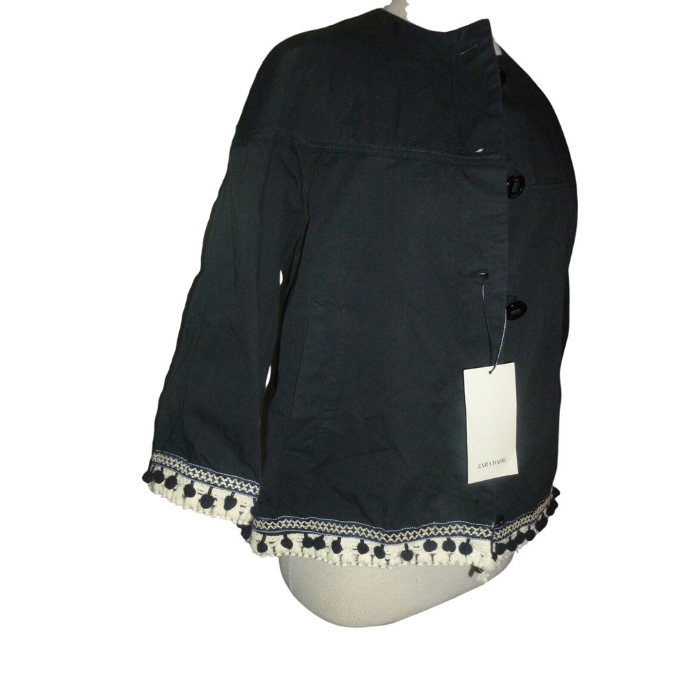 Zara‎ Basic Womens XS Black Cotton Pom Pom Trim Button Front Boho Jacket NEW